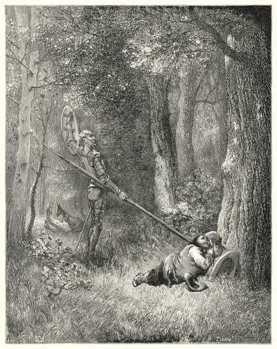Gustave Doren Don Quijote: "Kaikkeen tähän hienoon väittelyyn Sancho ei vastannut sanaakaan" (kaiverrus) tekijältä Gustave Dore