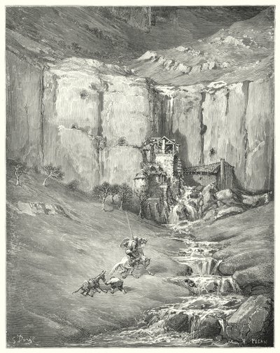 Gustave Doren Don Quijote: "Kun he tulivat lähemmäksi, jopa kärsivällinen Rozinante itse aloitti hirvittävän äänen" (kaiverrus) tekijältä Gustave Dore