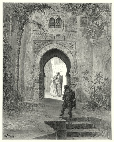 Gustave Doren Don Quijote: "Zoraida, ilmeensä vaikeudet, lähti isänsä kanssa" (kaiverrus) tekijältä Gustave Dore