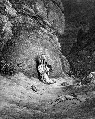 Hagar ja Ismael, kaiverrus Dorén. - Raamattu tekijältä Gustave Dore