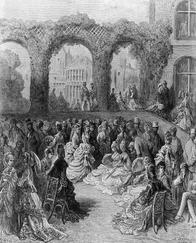 Holland House - Puutarhajuhlat, "Lontoo, pyhiinvaellus", kirjoittanut William Blanchard Jerrolds (1826-84), kaivertanut A. Doms, pub. 1872 tekijältä Gustave Dore
