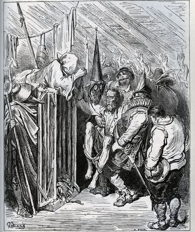 Kuinka päästä eroon Don Quijotesta. Hotellikaupan ihmiset päättivät lukita hänet saamalla hänet uskomaan uuteen lumoukseen ja uuteen ritarilliseen kokeeseen - Miguel Cervantesin (1547-1616) "Don Quijote de la Mancha" (Don Quijote) - Puupiirros piirtämisen  tekijältä Gustave Dore