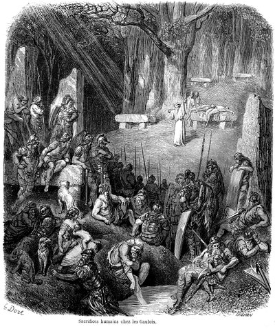 Gallialaisten ihmisuhri - druidit, dolmen, menhir - Gustave Doren kaiverrus Ch. Lahuren teoksessa "L