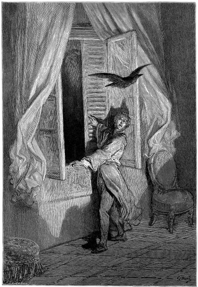 Gustave Doren (1832-1883) kuvitus Edgar Allan Poen novelliin "Korppi" (The Raven). Dore sai tämän sarjan valmiiksi vuonna 1883, kuolinvuotenaan, ja se on näin ollen yksi hänen viimeisimmistä teoksistaan - - tekijältä Gustave Dore