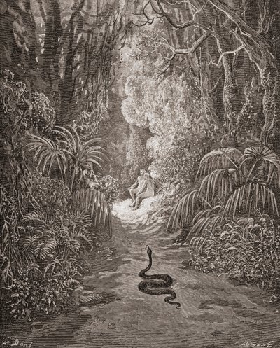Gustave Doren 1832-1883 kuvitus Ranskalainen taiteilija ja kuvittaja John Miltonin teokseen Kadotettu paratiisi, kirja IX, rivit 434 ja 435. tekijältä Gustave Dore