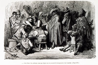 Kuvitus, jossa kuvataan "Kapteeni Fracasse" Theophile Gautierin kuvitteellinen hahmo (kaiverrus) tekijältä Gustave Dore