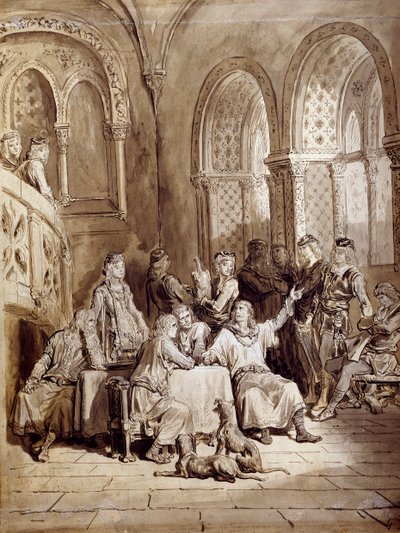 Kuvitus Albert Tennysonin (1809-1892) runosarjaan Kuninkaan idyllit, Gustave Doren (1832-1883) kaiverrus tekijältä Gustave Dore