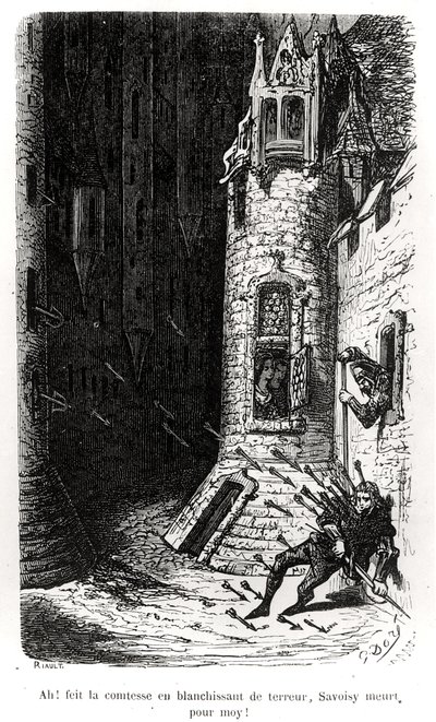 Kuvitus Les Contes Drolatiquesista, Honore de Balzacin (1799-1850) kaiverrus Riault, 1855 tekijältä Gustave Dore