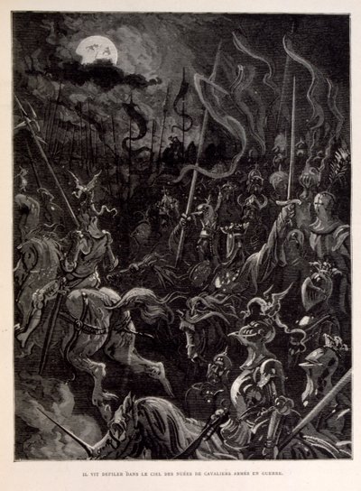 Kuvituskuva ritareista taistelussa kuutamoillassa. tekijältä Gustave Dore