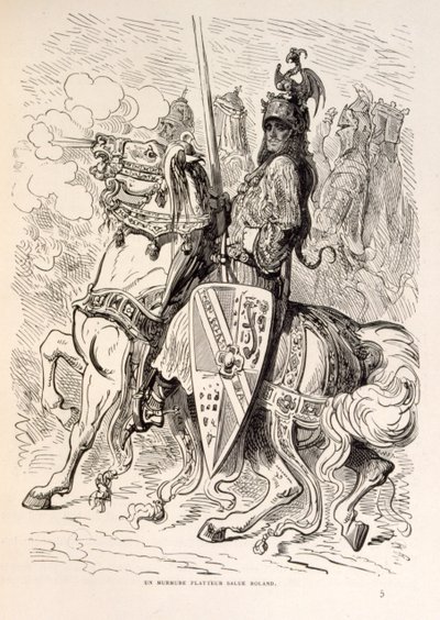 Kuvituskuva Rolandista hevosen selässä. lähteestä La legende de Croque-Mitaine. tekijältä Gustave Dore