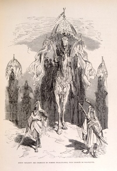 Kuvitus itämaisesta kamelijunasta palvelijoineen ja vaunuineen. tekijältä Gustave Dore