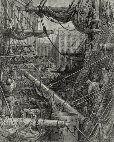 Lontoon Docksissa. Kaiverrus: Gustave Doré. Lähde: "London - A Pilgrimage", teksti W. B. Jerrold, kaiverrettu C. Maurant, 1872. tekijältä Gustave Dore