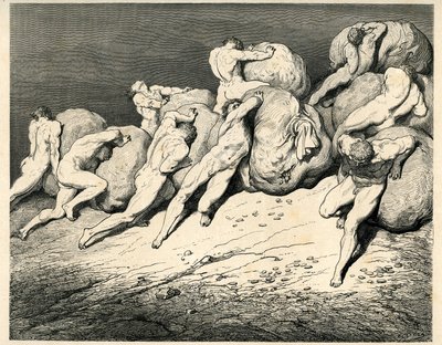 Helvetin neljännessä kehässä, jonka alla Pluto (Haades) on, Avaret ja Prodigat kantavat ja vierittävät raskaita taakkoja (kiviä) ja törmäävät vihaan. Kaiverrus Dante Alighierin teoksesta The Hell (Divine Comedie), jonka on kuvittanut Gustave Dore. Ranskala tekijältä Gustave Dore