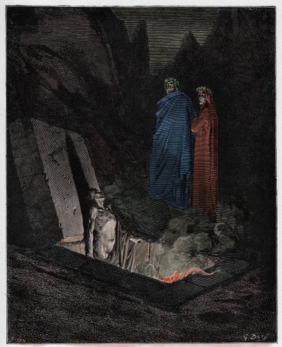 Inferno, Canto 10: Farinata degli Uberti puhuu Dantelle, kuvitus Dante Alighierin jumalallisesta komediasta, 1885 tekijältä Gustave Dore