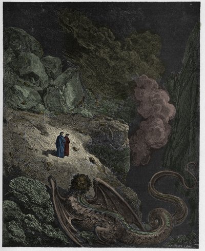 Inferno, Canto 17 : Geryon, petoksen symboli, kuvitus Dante Alighierin jumalallisesta komediasta, 1885 tekijältä Gustave Dore