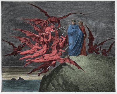 Inferno, Canto 21: Demonit uhkaavat Vergiliusa, kuvitus Dante Alighierin jumalallisesta komediasta, 1885 tekijältä Gustave Dore