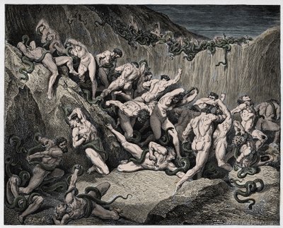 Inferno, Canto 24: Käärmeiden kiusamat varkaat, kuvitus Dante Alighierin jumalallisesta komediasta, 1885 tekijältä Gustave Dore