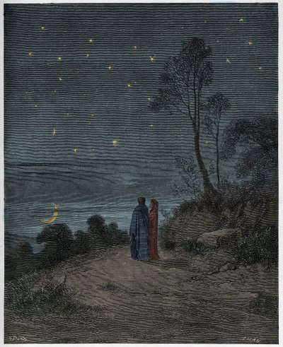 Inferno, Canto 2 : Ensimmäisen yön tummuva taivas, kuvitus Dante Alighierin jumalallisesta komediasta, 1885 tekijältä Gustave Dore