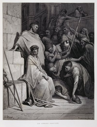Kristuksen loukkaukset hänen oikeudenkäynnissään, kuvitus Dore Bible -teoksesta. tekijältä Gustave Dore