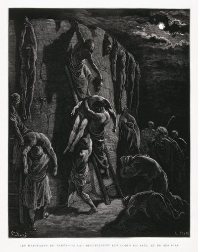 Jabes-Gileadin asukkaat löytävät Saulin ja hänen poikiensa ruumiit, kuvitus Doren Raamatusta tekijältä Gustave Dore