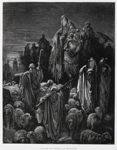 Jaakob ja hänen poikansa saapuvat Egyptiin, kuvitus Dore Bible -teoksesta. tekijältä Gustave Dore