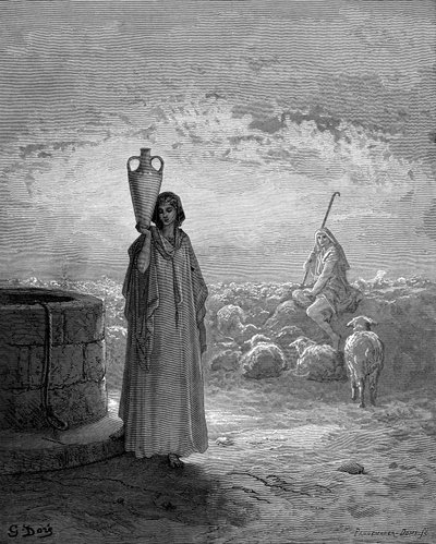 Jaakob, joka pitää Labanin laumoja, näkee Raakelin kaivolla vuonna 1866 tekijältä Gustave Dore