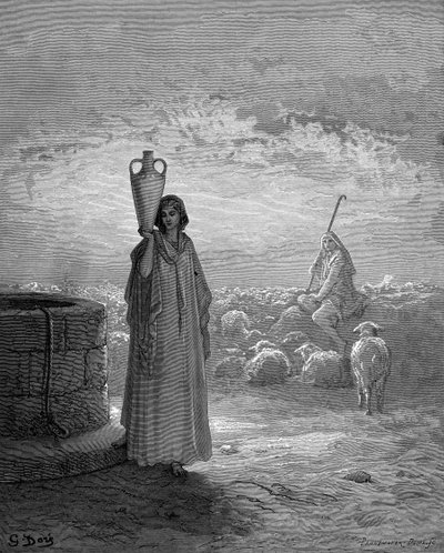 Jaakob, joka pitää Labanin lampaita, näkee Raakelin kaivolla. Genesis 29. Gustave Doren kuvitetusta Raamatusta 1866. Puukaiverrus tekijältä Gustave Dore