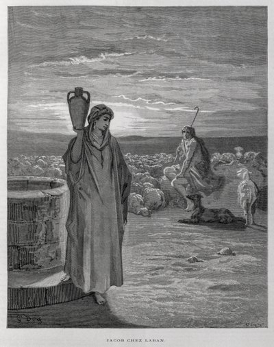 Jaakob näkee Raakelin Laabanin kodin kaivolla, kuvitus Dore Bible -teoksesta. tekijältä Gustave Dore
