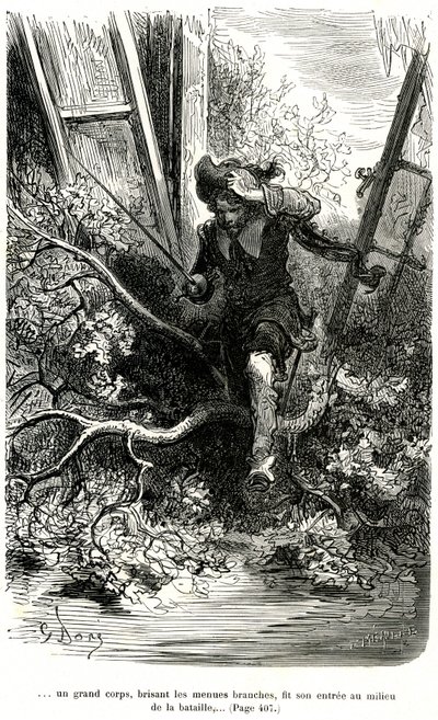 Jacquemin Lampourde, ase kädessään, saapui taistelupisteeseen. Gustave Doren kaiverrus, joka kuvittaa Theophile Gautierin pikareskiromaania viitta ja epee "Le capitaine Fracasse", edition Charpentier 1863. tekijältä Gustave Dore