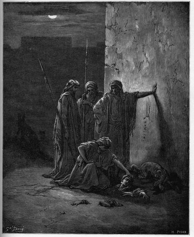 Jehun toverit löytävät Isebelin jäännökset" - Gustave Doren puukaiverrus Raamattuun - Jehun toverit löytävät Jezabelin pään ja ääripäät - Gustave Doren (1832-1883) kaiverrus "The Bible illustree" -kaiverruksesta "" The Dore Bible ”” tekijältä Gustave Dore