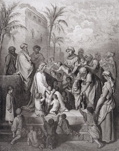 Jeesus siunaa lapsia, Stephane Pannemakerin (1847-1930) kaiverrus n.1868. tekijältä Gustave Dore
