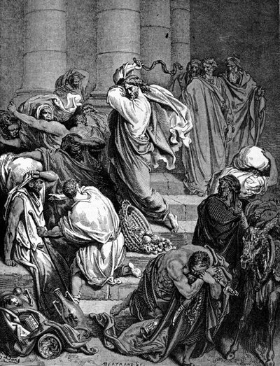 Jeesus Kristus jahtaa temppelin kauppiaita. Kuva Gustave Dorésta. tekijältä Gustave Dore