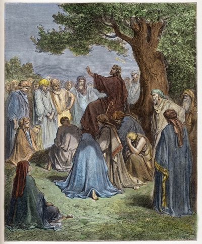 Jeesus saarnaa ihmisjoukolle - Jeesus saarnaa joukolle - Jeesus saarnaa väkijoukon edessä - - kaiverrus Gustave Doren (1832-1883) "The Bible illustree" -kaiverrukseen "" Dore Biblesta"" tekijältä Gustave Dore