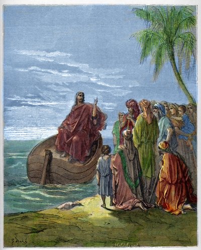 Jeesus saarnaa Genesaret-järvellä (Genesareth, Ginosar tai Kinneret) (Tiberiad-järvi) (Galileanmeri) - Jeesus saarnaa Galileanmerellä - - Kaiverrus Gustave Doren (1832-1883) "The Bible illustree" -kirjaan - Kaiverrus kohteesta " "Doren raamattu"" tekijältä Gustave Dore