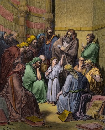 Jeesus lääkäreiden kanssa temppelissä - Jeesus temppelissä lääkäreiden joukossa - kaiverrus Gustave Doren (1832-1883) - myöhemmin väritys tekijältä Gustave Dore
