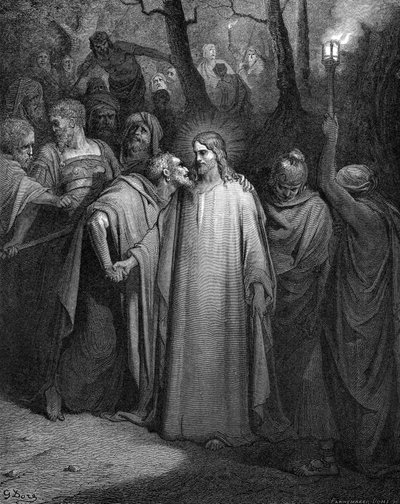 Juudas kavaltaa Kristuksen suudelmalla, 1866 tekijältä Gustave Dore