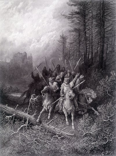 Kuningas Arthur Brocelianden metsässä (Pyöreän pöydän ritarien sykli) - Alfred Tennysonin teoksessa "Viviane", G. Dorén kuvitus. tekijältä Gustave Dore