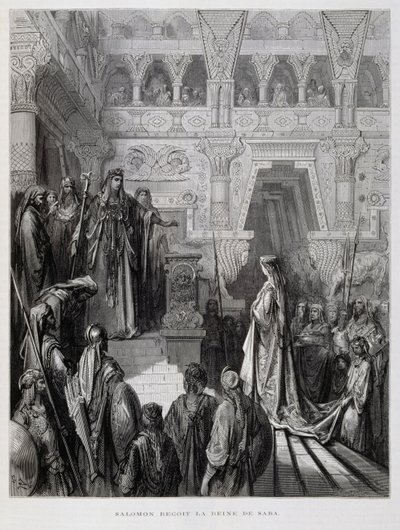 Kuningas Salomo vastaanottaa Saaban kuningattaren, kuvitus Dore Bible -teoksesta. tekijältä Gustave Dore