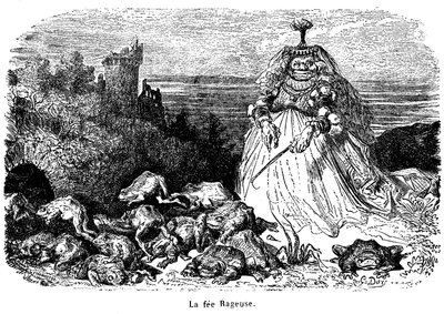 La fee Rageuse ja hänen konnalaumansa: Gustave Doren kaiverrus Segurin kreivittären tarinan Puh kuvituksena, teoksesta Uudet tarinat Fees, Hachette 1896 - tekijältä Gustave Dore