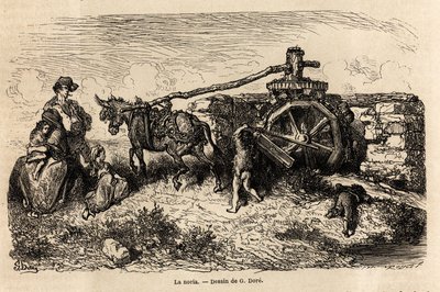 Gustave Doren (1832-1883) piirtämä La noria, hydraulinen kone vedenpinnan nostamiseen virran tuottamaa energiaa havainnollistamaan hänen matkaansa Espanjaan C. Davillierin kanssa vuonna 1862. Kaiverrus "" Le tour du monde "", toimittanut Edouard Charto tekijältä Gustave Dore