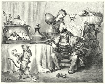 Mestarikissa tai saappaiden pussi; Puss In Boots (kaiverrus) tekijältä Gustave Dore