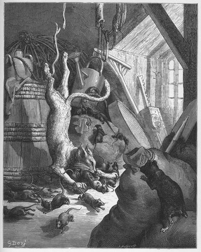 Kissa ja vanha rotta - Kissa ja vanha rotta - Jean de La Fontainen "Fablesista". tekijältä Gustave Dore