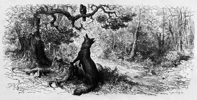 Korppi ja kettu (kaiverrus tekijältä Gustave Dore