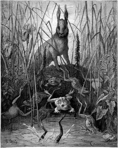 Le hare et les frogs: Jean de la Fontainen satu, jonka on kuvittanut Gustave Dore - Jänis ja sammakot - tekijältä Gustave Dore
