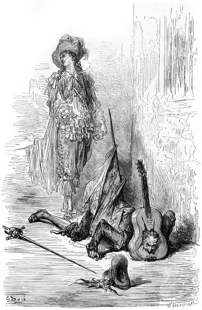 Leandre löi juuri kitaran Matamoren päähän, kuvitus kappaleeseen "Captain Fracass" tekijältä Gustave Dore