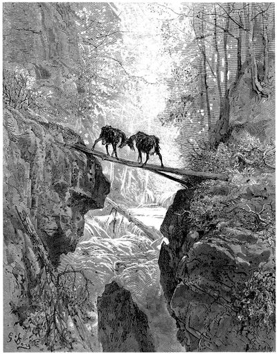 Les deux chevres: Jean de la Fontainen satu, jonka on kuvittanut Gustave Dore - metsä, puro, puro - tekijältä Gustave Dore