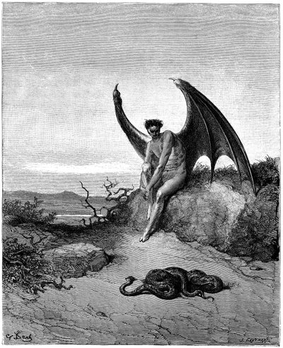 Lucifer (Saatana, dechu-enkeli, joka putosi taivaasta maan päälle) kohtaa käärmeen. Gustave Doren kuvitus John Miltonin (1608-1674) teokseen "Kadotettu paratiisi". Kaiverrus vuodelta 1866. Yksityiskokoelma tekijältä Gustave Dore