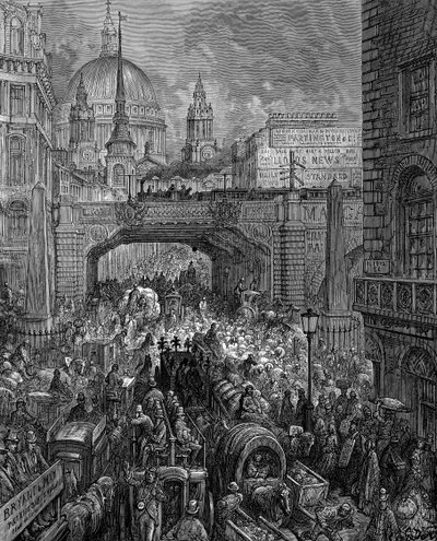 "Ludgate Hill": Gustave Doresta ja Blanchard Jerroldista: Jardin Jerrold Droglyard: A Pilgrimage London 1872: A Pilgrimage London 1872. Liikenneruuhka, rautatien viadukti (keskellä) ja St Paul
