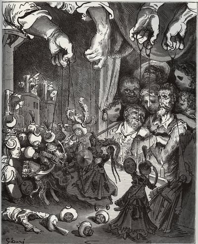 Maese Pedron nukketeatteri - Miguel Cervantesin (1547-1616) "Don Quijote de la Mancha" (Don Quijote) - Gustave Doren piirtämän puupiirros tekijältä Gustave Dore