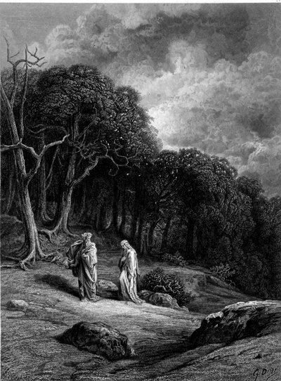 Merlin ja Viviane Brocélianden metsässä - Alfred Tennysonin "" Vivianessa" -kuvassa G. Doré tekijältä Gustave Dore